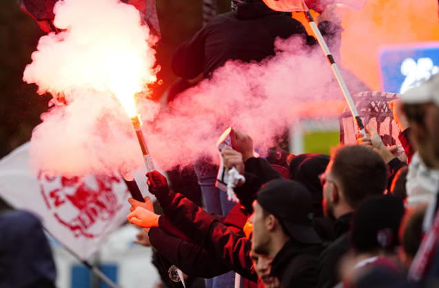October 26, 2017, Cham, Switzerland, Men s Soccer, 2026–2027 Season, Swiss Cup, Round 2, SC Cham vs. FC Sion, 0–2. Photo: FC Sion away fans setting off pyrotechnics and Bengal flares. Fan culture.