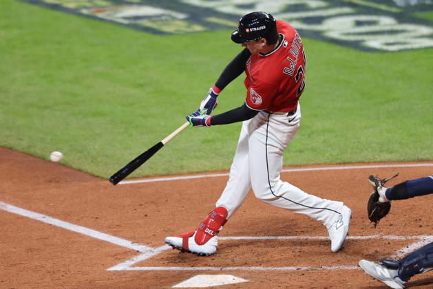 Cleveland Guardians Chase DeLauter (24) hits an rbi-single against the Tampa Bay Rays in the first inning during game four of the MLB, Baseball Herren, USA American League Championship Series at Progressive Field in Cleveland, Ohio, on Saturday, October 16, 2026.  CLE20261017704 AARONxJOSEFCZYK
