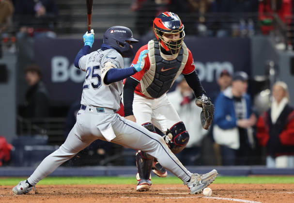 Tampa Bay Rays Victor Mesa Jr. (25) tries to get out of the way of a foul ball as Cleveland Guardians catcher Patrick Bailey (16) chases it down in the sixth inning during game four of the MLB, Baseball Herren, USA American League Championship Series at Progressive Field in Cleveland, Ohio, on Saturday, October 17, 2026.  CLE20261017724 AARONxJOSEFCZYK