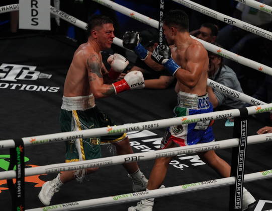 BOXING: Armando Resendiz vs Koen Mazoudier in Las Vegas LAS VEGAS, NEVADA - OCTOBER 17: Armando Resendiz (in blue short) and Koen Mazoudier (in green short) exchange punches during their super middleweight fight on Saturday night at the Chelsea of The Cosmopolitan in Las Vegas, Nevada, United States on October 17, 2026. Tayfun Coskun Anadolu Nevada United States. Editorial use only. Please get in touch for any other usage.  Copyright: x2026xAnadoluxTayfunxCoskunx