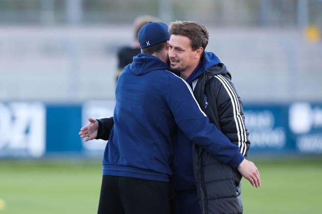 October 17, 2026, Soccer, Men s, Regionalliga Nord, Matchday 14, BSV Kickers Emden vs. 1 FC Phönix Lübeck; Coach Kevin Wölk of Phönix Lübeck hugs Coach Björn Lindemann of BSV Kickers Emden