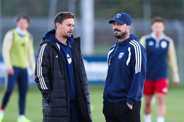October 17, 2026, Soccer, Men s, Regionalliga Nord, Matchday 14, BSV Kickers Emden vs. 1 FC Phönix Lübeck; Coach Kevin Wölk (Phönix Lübeck) and Coach Björn Lindemann (BSV Kickers Emden)