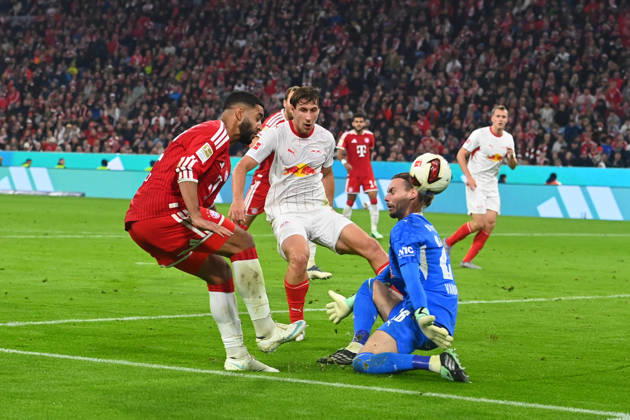 Ismael SAIBARI, Bayern Munich, action, tackle against Willi ORBAN (L) and goalkeeper Maarten VANDEVOORDT (L), penalty area play, scoring chance, Soccer, Bundesliga, 2026–2027 season, Matchday 6, Matchday 06, FC Bayern Munich vs. RB Leipzig 6–1 on October 17, 2026, Allianz Arena