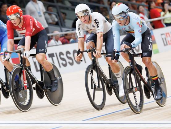 Danish Tobias Hansen, German Tim Torn Teutenberg and Belgian Jules Hesters pictured during the Men™s Elimination Race event at the UCI Track cycling, Rad, Radsport, Bahnrad, Bahn World Championships in Shanghai, China on Sunday 18 October 2026. The worlds are taking place from 14 to 18 October 2026. BENOITxDOPPAGNE  x190175679x