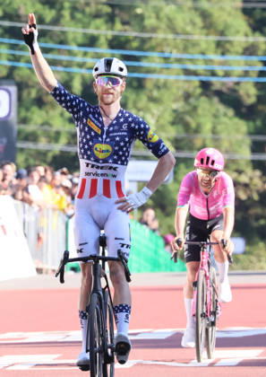 October 18, 2026, Utsunomiya, Japan - American cyclist Quinn Simmons (L) of Lidl-Trek crosses the finish line of the Utsunomiya Japan Cup Cycle Road Race while Irish Ben Healey (R) of EF Education - Easy Post follows him in Utsunomiya, 100km north of Tokyo on Sunday, October 18, 2026. Quin Simmons won the 144km race and Healey finished the runner-up. (photo by Yoshio Tsunoda AFLO) Noxthirdxpartyxsales  0869825630st YoshioxTsunodax