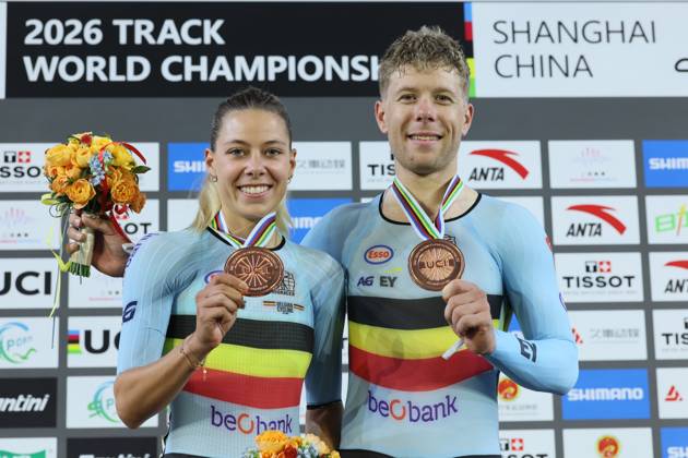 Belgians Shari Bossuyt and Jules Hesters celebrate on the podium with their bronze medals at the UCI Track cycling, Rad, Radsport, Bahnrad, Bahn World Championships in Shanghai, China on Sunday 18 October 2026. The worlds are taking place from 14 to 18 October 2026. BENOITxDOPPAGNE  x0869834760stx