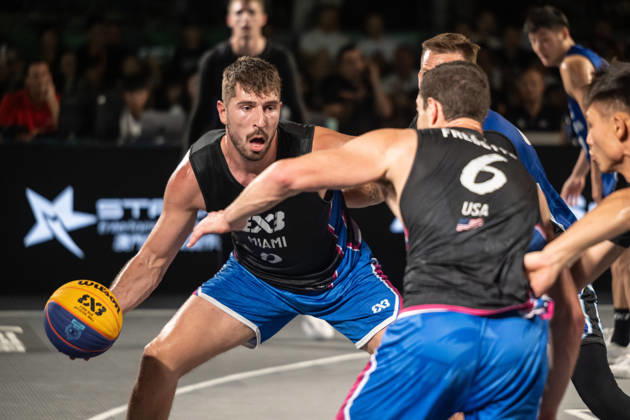 October 18, 2026, Macau, Macao Sar, China: FIBA 3x3 Basketball Macau.Semi-Final between Miami (black top) and Shanghai (blue) in the setting of the famous Ruins of St Pauls. FIBA 3x3 Basketball Macau  - ZUMAr144 20261018_zap_r144_095 Copyright: xJaynexRussellx