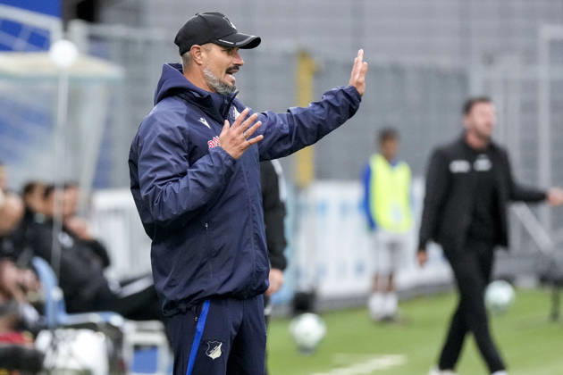 Stefan Kleineheismann, coach and head coach of TSG II, gives instructions, gesturing with his arms; single frame, single photo, action, October 18, 2026, Sinsheim, Germany, soccer, 3rd League, TSG 1899 Hoffenheim II vs. SC Verl; DFB and DFL regulations prohibit any use of photographs as image sequences and or quasi-video xozx