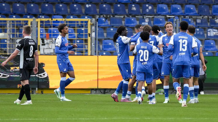Players from TSG 1899 Hoffenheim II U23 celebrate the 2-0 goal, Celebration, goal celebration, goal scored, celebrating the goal, goal, celebration, cheering the goal, joy, happiness, happy, optimistic, positive, game scene, highlight, action, 18 10 2026, Sinsheim, Germany, soccer, 3. Liga, TSG 1899 Hoffenheim II vs. SC Verl, DFB and DFL regulations prohibit any use of photographs as image sequences and or quasi-video xozx