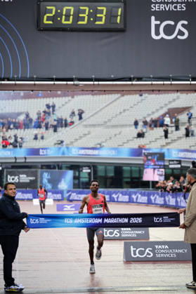 RECORD DATE NOT STATED 18th October 2026; Amsterdam, Netherlands; TCS Amsterdam Marathon; Lemi Berhanu of Ethiopia breaks the tape to win the male elite race in a personal best time of 2:03:33 AnthonyxBenoit