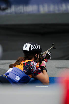 October 18, 2026, GER, Biathlon, Women, IBU Biathlon Loop One Festival 2026, 2026–2027 Season, Women’s Super Sprint Qualification Heat 1–4: Anna Andexer (AUT), No. 9, lying down during warm-ups at the shooting range, Munich Olympic Park, Bavaria, Germany Copyright: xNordphoto Vux