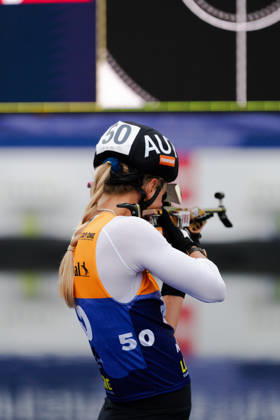 October 18, 2026, GER, Biathlon, Women, IBU Biathlon Loop One Festival 2026, 2026–2027 Season, Women’s Super Sprint Qualification Heat 1–4: Anna Gandler (AUT), standing at the shooting range during warm-ups at the Munich Olympic Park, Bavaria, Germany Copyright: xNordphoto Vux