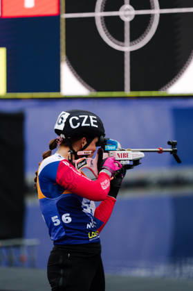 October 18, 2026, GER, Biathlon, Women, IBU Biathlon Loop One Festival 2026, 2026–2027 Season, Women’s Super Sprint Qualification Heat 1, 4. Heda Mikolasova (CZE), 56, standing at the shooting range during warm-ups, Munich Olympic Park, Bavaria, Germany Copyright: xNordphoto Vux