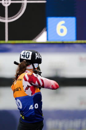 October 18, 2026, GER, Biathlon, Women, IBU Biathlon Loop One Festival 2026, 2026–2027 Season, Women’s Super Sprint Qualification Heat 1–4, Dunja Zdouc (AUT), age 40, standing at the shooting range during warm-ups, Munich Olympic Park, Bavaria, Germany Copyright: xNordphoto Vux