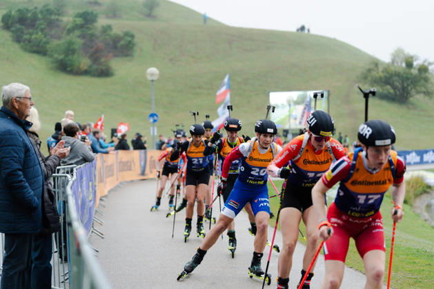 October 18, 2026, GER, Biathlon, Women, IBU Biathlon Loop One Festival 2026, 2026–2027 Season, Women’s Super Sprint Qualification, Heat 1: 4 Maren Kirkeeide (NOR), 17, Ukaleq A. Slettemark (GRL), 12, Lucie Charvatova (CZE), 20, Joanna Jakiela (POL), 21 in the chasing pack; Munich Olympic Park, Bavaria, Germany Copyright: xNordphoto Vux