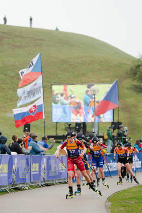 October 18, 2026, GER, Biathlon, Women, IBU Biathlon Loop One Festival 2026, 2026–2027 Season, Women’s Super Sprint Qualification, Heat 1: 4 Maren Kirkeeide (NOR), 17, Lucie Charvatova (CZE), 20, Jessica Jislova (CZE), 25, at the curve in Munich’s Olympic Park, Bavaria, Germany Copyright: xNordphoto Vux
