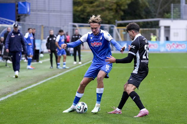 From left: Luis Engelns (TSG II), 16, Antonio Foti (Verl), 26, tackle, game scene, duel, tackle, tackling, dynamic, action, 10 18 2026, Sinsheim, Germany, soccer, 3rd Division, TSG 1899 Hoffenheim II vs. SC Verl, DFB and DFL regulations prohibit any use of photographs as image sequences and or quasi-video xozx