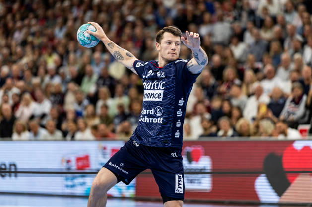 Opel HBL SG Flensburg Handewitt vs. Füchse Berlin, October 18, 2026—Emil Jakobsen, No. 31, SG Flensburg Handewitt on the attack. Opel HBL SG Flensburg Handewitt vs. Füchse Berlin, GGW Arena, October 18, 2026 Copyright: xBEAUTIFULxSPORTS MarioxM.xKobergx