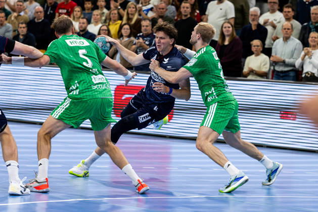 Opel HBL SG Flensburg Handewitt vs. Füchse Berlin, October 18, 2026—Lasse Kjaer Moller, No. 64, SG Flensburg Handewitt on the attack. Opel HBL SG Flensburg Handewitt vs. Füchse Berlin, GGW Arena, October 18, 2026 Copyright: xBEAUTIFULxSPORTS MarioxM.xKobergx