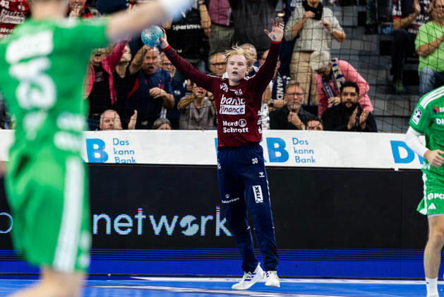 Opel HBL SG Flensburg Handewitt vs. Füchse Berlin, October 18, 2026: Celebration and joy as Simon Möller (No. 30) saves the ball, SG Flensburg Handewitt Opel HBL SG Flensburg Handewitt vs. Füchse Berlin, GGW Arena, October 18, 2026 Copyright: xBEAUTIFULxSPORTS MarioxM.xKobergx