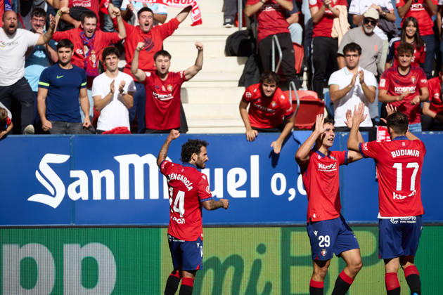 LaLiga EA Sports 2026-27 CA Osasuna vs. Racing de Santander Ruben Garcia 14 OSA L, Asier Osambela 29 OSA and Ante Budimir 17 OSA R celebrate the goal scored by Asier Osambela 29 OSA for CA Osasuna (2–0) during the LaLiga EA Sports soccer match between CA Osasuna and Racing de Santander played at El Sadar Stadium in Pamplona, Spain on Oct. 18, 2026. Credit: Inigo Alzugaray, Agencia LOF, Pamplona. LaLiga EA Sports 2026–27: CA Osasuna vs. Racing de Santander Copyright: xINIGOxALZUGARAYx