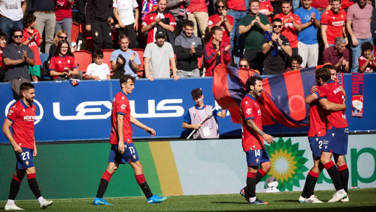 LaLiga EA Sports 2026-27 CA Osasuna vs. Racing de Santander: Inigo Arguibide 27 OSA L, Ante Budimir 17 OSA, Rubén García 14 OSA, Asier Osambela 29 OSA and Jon Moncayola 7 OSA R celebrate the goal scored by Asier Osambela 29 OSA for CA Osasuna (2–0) during the LaLiga EA Sports soccer match between CA Osasuna and Racing de Santander played at El Sadar Stadium in Pamplona Spain on Oct. 18, 2026. Credit: Inigo Alzugaray, Agencia LOF, Pamplona, LaLiga EA Sports 2026, 27 CA Osasuna vs. Racing de Santander Copyright: xINIGOxALZUGARAYx