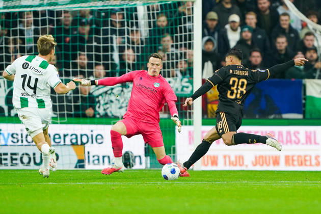 2026-10-18 VriendenLoterij Eredivisie: FC Groningen v AFC Ajax GRONINGEN, NETHERLANDS - OCTOBER 18: Jorg Schreuders and Etienne Vaessen of FC Groningen and Marcos Leonardo of AFC Ajax during the VriendenLoterij Eredivisie match between FC Groningen and AFC Ajax at Euroborg on October 18, 2026 in Groningen, Netherlands. Groningen Euroborg Netherlands Content not available for redistribution in The Netherlands directly or indirectly through any third parties. Copyright: xAndrexWeeningx