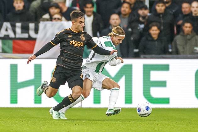 GRONINGEN , 18-10-2026 , Euroborg Stadium, season 2026 2027 , Dutch Eredivisie Football , match between FC Groningen and Ajax. Picture shows Ajax player Lucas Rosa and FC Groningen player Jacob Ondrejka Groningen - Ajax  x208698514x Copyright: