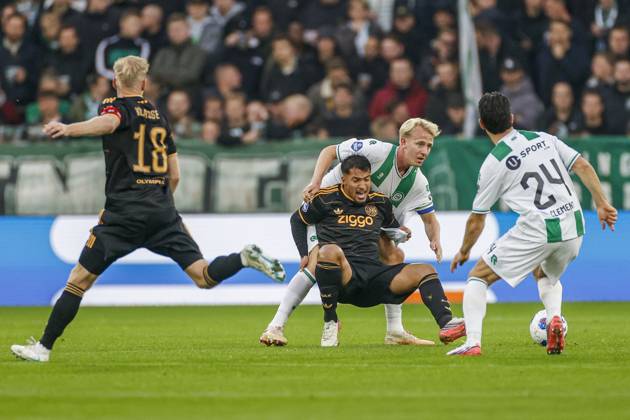 GRONINGEN , 18-10-2026 , Euroborg Stadium, season 2026 2027 , Dutch Eredivisie Football , match between FC Groningen and Ajax. Picture shows Ajax player Marcos Leonardo and FC Groningen player Thijmen Blokzijl Groningen - Ajax  x208699320x Copyright:
