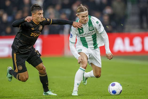 GRONINGEN , 18-10-2026 , Euroborg Stadium, season 2026 2027 , Dutch Eredivisie Football , match between FC Groningen and Ajax. Picture shows Ajax player Lucas Rosa and FC Groningen player Jacob Ondrejka Groningen - Ajax  x208700497x Copyright: