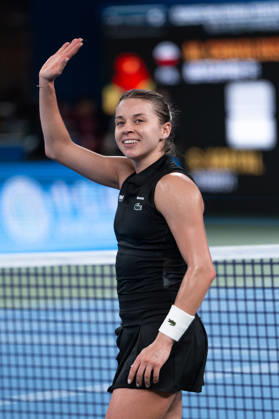 (261018) -- WUHAN, Oct. 18, 2026 -- Maja Chwalinska greets the spectators after the women s singles final match between Maja Chwalinska of Poland and Sonay Kartal of Britain at the 2026 Wuhan Open tennis tournament in Wuhan, capital of central China s Hubei Province, Oct. 18, 2026. ) (SP)CHINA-WUHAN-TENNIS-WUHAN OPEN-WOMEN S SINGLES-FINAL (CN) WuxZhizun 