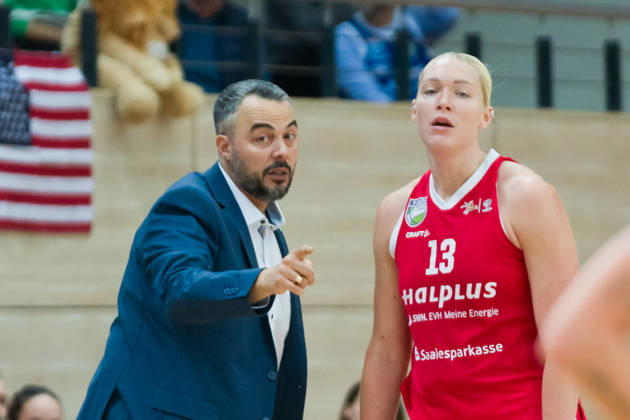 Timur Topal (Lions), Head Coach; Marta Miscenko (Lions), No. 13; Halfit Lions vs. BC Marburg Blue Dolphins, Women s Basketball, 1st Bundesliga, DBBL, Matchday 3 of the 2026–27 season, October 18, 2026, SWH Arena, Halle, Saxony-Anhalt, Germany