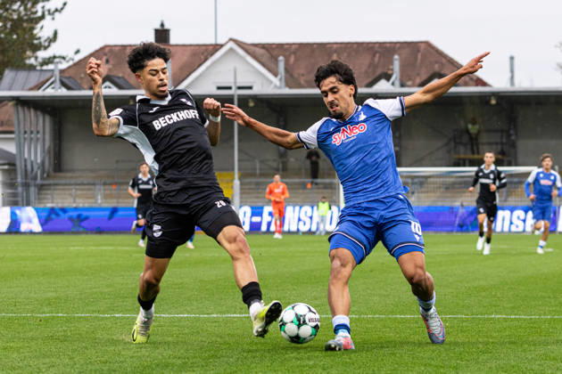 Germany: TSG Hoffenheim II vs. SC Verl, 3. Liga, 2026–27 season, Dietmar Hopp Stadium, Sinsheim: Yasin Zor (TSG Hoffenheim II), No. 10, battles for the ball with Andre Leipold (SC Verl), No. 20. Sinsheim, Dietmar Hopp Stadium, Baden-Württemberg, Germany Copyright: xBenedictxChristx