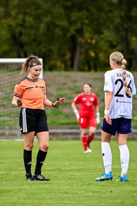 October 18, 2026, Soccer, Women s Bundesliga 2, 2026–2027 season, Matchday 9, SG 99 Andernach vs. SGS Essen; Referee Sina Gieringer cautions an Essen player