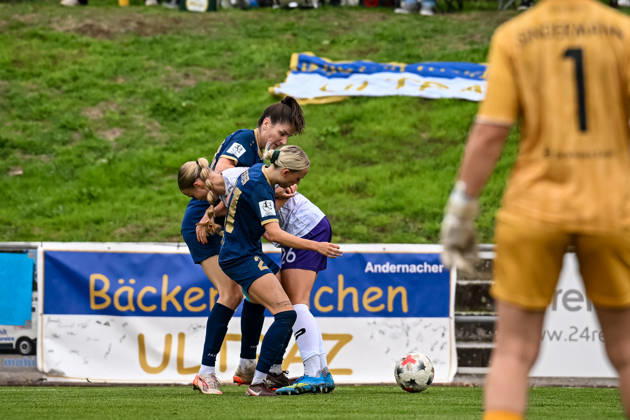 October 18, 2026, Soccer, Women s Bundesliga 2, 2026–2027, Matchday 9, SG 99 Andernach vs. SGS Essen: Isabel Pfeiffer (21, Andernach) and Magdalena Schumacher (23, Andernach) team up to try to take the ball away from Lany Mia Bäcker (26, Essen)