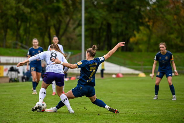 October 18, 2026, Soccer, Women s Bundesliga 2, 2026–2027, Matchday 9, SG 99 Andernach vs. SGS Essen; Carolin Schraa (7, Andernach) attempts to tackle the ball away from Antonia Baaß (8, Essen)