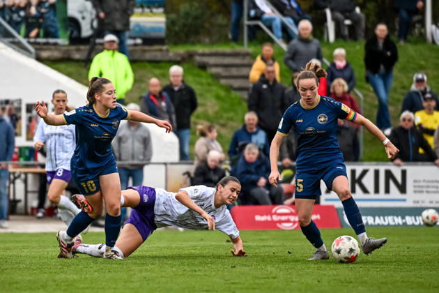 October 18, 2026, Soccer, Women s Bundesliga 2, 2026–2027, Matchday 9, SG 99 Andernach vs. SGS Essen: Leonie Krump (10, Andernach) and Vanessa Zilligen (15, Andernach) work together to win the ball from Selina Albrecht (19, Essen)