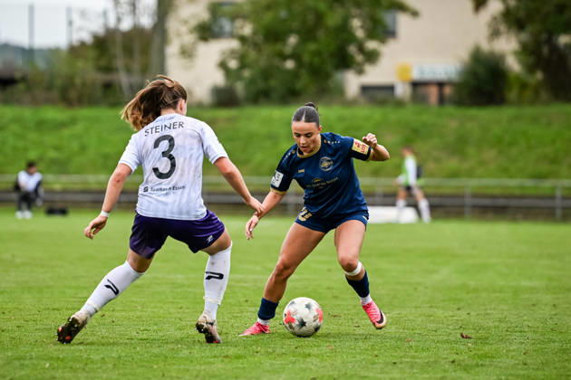 October 18, 2026, Soccer, Women s Bundesliga 2, 2026–2027, Matchday 9, SG 99 Andernach vs. SGS Essen; Rinesa Alija 20; Andernach tries to outplay Joelle Steiner 3 of Essen