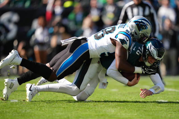 PHILADELPHIA, PA - OCTOBER 18: Carolina Panthers linebacker Bobby Okereke (58) sacks Philadelphia Eagles quarterback Tanner McKee (16) in the first half during the game between the Carolina Panthers and Philadelphia Eagles on October 18, 2026 at Lincoln Financial Field in Philadelphia, PA. (Photo by Kyle Ross Icon Sportswire) NFL, American Football Herren, USA OCT 18 Panthers at Eagles EDITORIAL USE ONLY Icon26101801