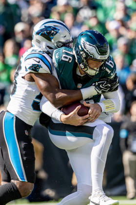 Philadelphia Eagles quarterback Tanner McKee (16) is sacked by Carolina Panthers inside linebacker Bobby Okereke (58) in the first quarter of NFL, American Football Herren, USA action at Lincoln Financial Field in Philadelphia, Pennsylvania on Sunday, October 18, 2016.  PHI20261018003 LAURENCExKESTERSON