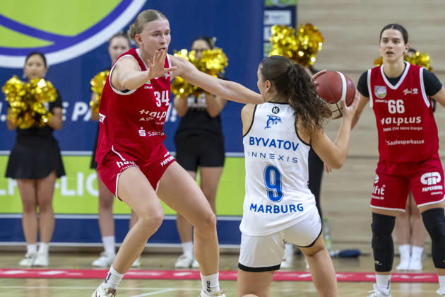 Toyota DBBL 2026–2027: HalFit Lions vs. BC Marburg Halle Saale, Germany, October 18, 2026. Pictured, from left: Lilly Kueppers (Halle) and Marianna Byvatov (Marburg Halle Saale), swh Arena, Saxony-Anhalt, Germany