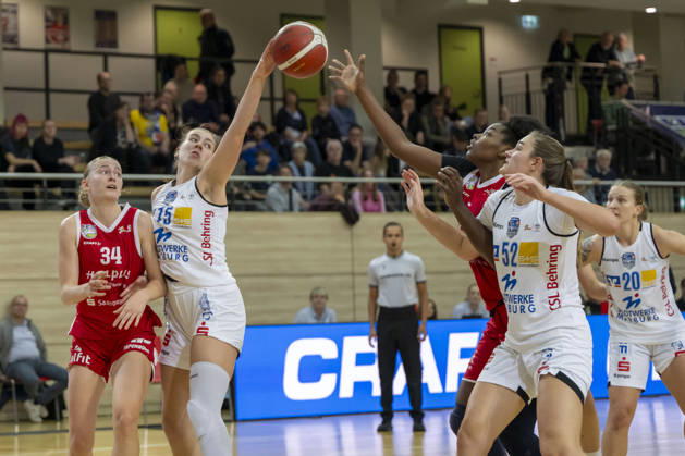 Toyota DBBL 2026–2027 HalFit Lions vs. BC Marburg, Halle an der Saale, Germany, October 18, 2026. Pictured, from left: Lilly Kueppers (Halle), Julia Vydrova (Marburg), Khalis Cain (Halle), and Lilly Meister (Marburg), Halle an der Saale, swh Arena, Saxony-Anhalt, Germany
