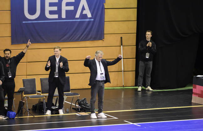 Celebration at the final whistle by national team coach Marcel Loosveld during the Futsal World Cup qualifying match between Germany and Lithuania (4–2) on October 18, 2026, at the Westenergie Sporthalle in Mülheim an der Ruhr, Germany