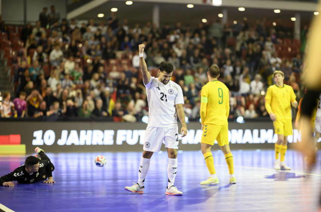 Matias Block (GER) celebrates after scoring a goal in the Futsal World Cup qualifying match between Germany and Lithuania (4–2) on October 18, 2026, at the Westenergie Sporthalle in Mülheim an der Ruhr, Germany