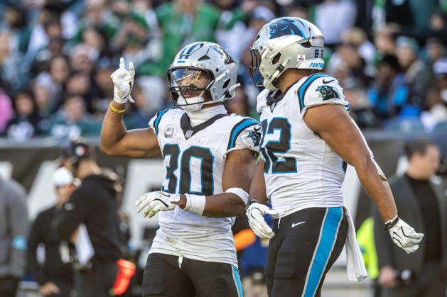 Carolina Panthers running back Chuba Hubbard (30) celebrates his touchdown with tight end Tommy Tremble (82) in the fourth quarter of NFL, American Football Herren, USA action against the Philadelphia Eagles at Lincoln Financial Field in Philadelphia, Pennsylvania on Sunday, October 18, 2016. The Panthers won 25-14.  PHI20261018011 LAURENCExKESTERSON
