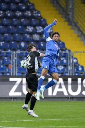 From left: Noah König (Verl), 22; Jykese Fields (TSG II), 11; tackle, game scene, duel, tackle, tackling, dynamics, action, 18 10 2026, Sinsheim, Germany, soccer, 3rd Division, TSG 1899 Hoffenheim II vs. SC Verl, DFB and DFL regulations prohibit any use of photographs as image sequences and or quasi-video xozx