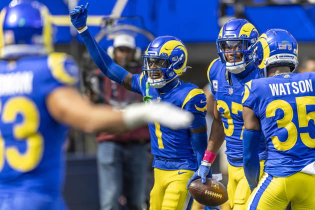 INGLEWOOD, CA - OCTOBER 18: Los Angeles Rams safety Quentin Lake (37) celebrates his interception with cornerbacks Emmanuel Forbes Jr. (1) and Jaylen Watson (35), in the first half of an NFL, American Football Herren, USA football game between the Arizona Cardinals and Los Angeles Rams at SoFi Stadium, Sunday, October 18, 2026, in Inglewood, California. (Photo by Tony Ding Icon Sportswire) NFL: OCT 18 Cardinals at Rams EDITORIAL USE ONLY Icon46520261018011
