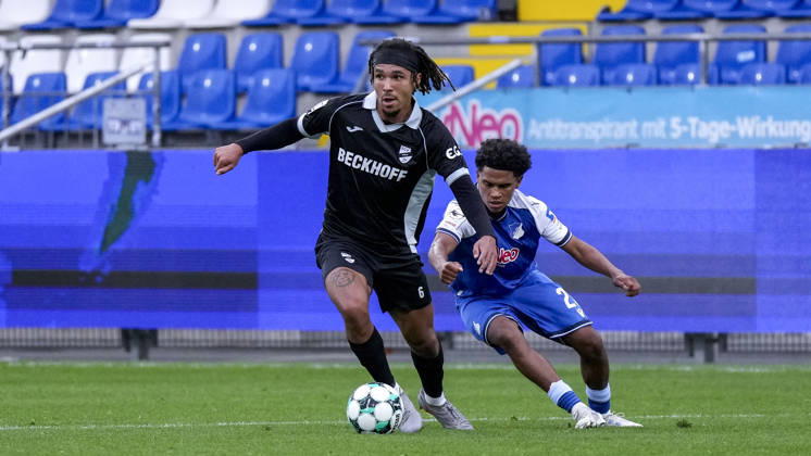 From left: Joshua Eze (Verl), 6; Tiago Poller (TSG II), 20; tackle, game scene, duel, tackle, tackling, dynamics, action, 18 10 2026, Sinsheim, Germany, soccer, 3rd Division, TSG 1899 Hoffenheim II vs. SC Verl, DFB and DFL regulations prohibit any use of photographs as image sequences and or quasi-video xozx