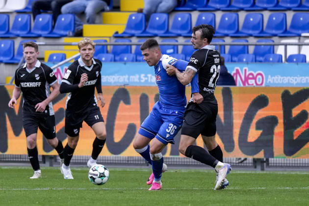 From left: Jakov Dedic (TSG II), 36, Noah König (Verl), 22, tackle, game scene, duel, tackle, tackling, dynamic, action, 10 18 2026, Sinsheim, Germany, soccer, 3rd League, TSG 1899 Hoffenheim II vs. SC Verl, DFB and DFL regulations prohibit any use of photographs as image sequences and or quasi-video xozx
