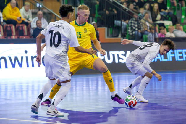 October 18, 2026, xsefx, Futsal, World Cup Qualifier, Germany vs. Lithuania, Westenergie Sports Hall, Mülheim an der Ruhr, 2026–2027 Season: Deividas Reimaris (Lithuania 15) in a one-on-one battle against Fouad Aghnima (Germany 10). DFB regulations prohibit any use of photographs as image sequences and or quasi-video. North Rhine-Westphalia, Germany